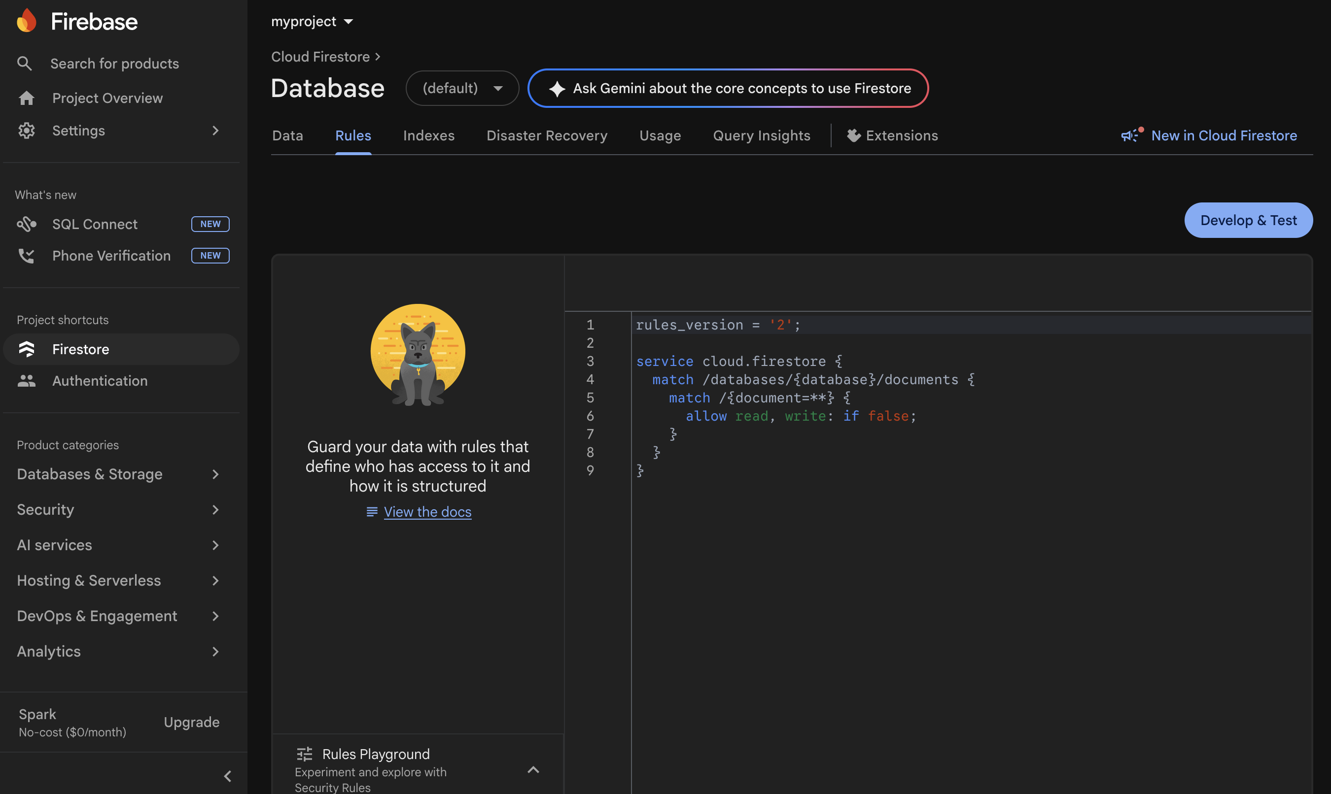 Firebase setup — apply the rules